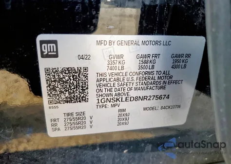 2022 Chevrolet Tahoe K1500 z USA, uszkodzony, nr VIN 1GNSKLED8NR275674